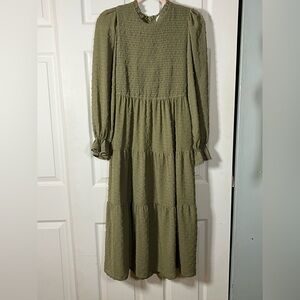 Anthropologie By the River Swiss Dot Smocked Tiered Long Sleeve Midi Maxi Dress